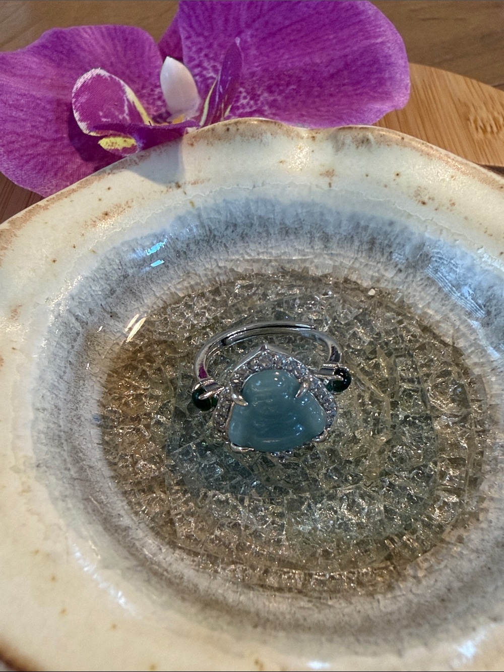 Sterling Silver Jade Buddha Ring with Clear Accents